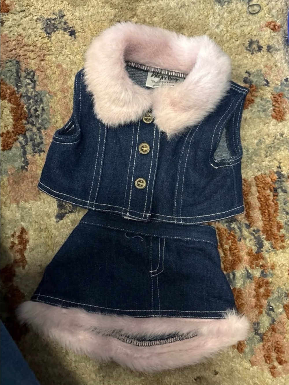 Wacky (Build a) Bear Two-Piece Vest & Skirt Set with Pink Faux Fur Trim